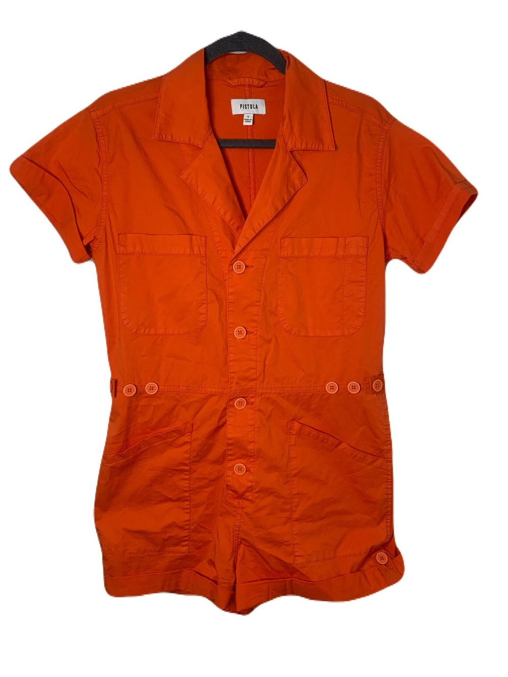 Anthropologie Pistola Orange Small Button & Snap Short-Sleeve Utility Romper